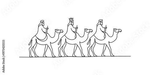 A minimalist black and white line art illustration depicting the three wise men on camels Vector, illustration