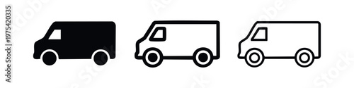 Set of three van icons in silhouette, outline, and hand-drawn styles.