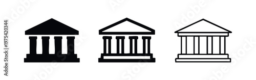 Set of three classical building icons with columns in various styles.