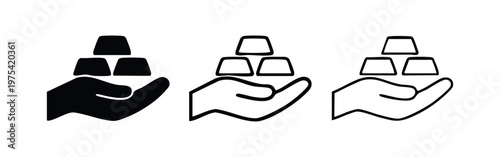 Set of three gold bar icons with hand in various styles.