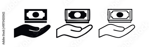 Set of three icons showing money and hand in different styles.