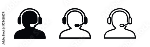 Set of three headset icons for customer service and communication.