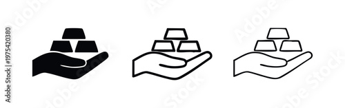 Set of three gold bar icons held in a hand in different styles.