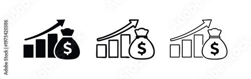 Icons showing a financial graph with an upward trend, money bag, and arrow.