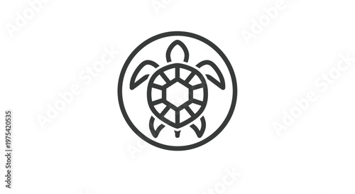 A stylized black outline vector graphic illustration featuring an abstract turtle emblem elegantly enclosed within a simple oval shape, perfect for branding and design projects.