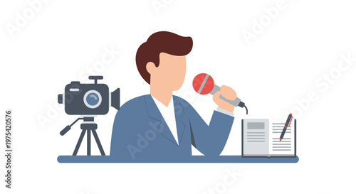 A flat illustration of a reporter holding a microphone in front of a camera. EPS Editable. Vector Illustrations.