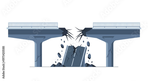 A flat vector illustration of a bridge collapsing in the middle. EPS Editable. Vector Illustrations.