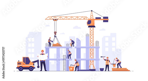 Construction workers building a new commercial structure with heavy machinery. EPS Editable. Vector Illustrations.