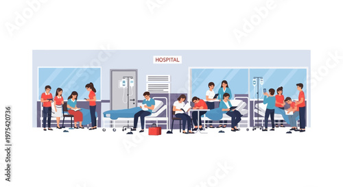 Diverse group of patients and medical staff inside a hospital ward. EPS Editable. Vector Illustrations.