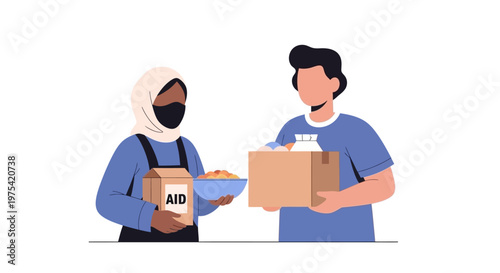 Diverse volunteers providing humanitarian aid and food supplies in cardboard boxes. EPS Editable. Vector Illustrations.