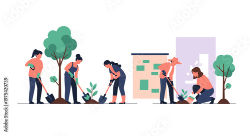 Diverse Group of Volunteers Planting Trees and Gardening Together. EPS Editable. Vector Illustrations.