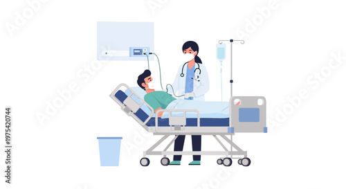Doctor checking on a patient in a hospital bed with medical equipment. EPS Editable. Vector Illustrations.