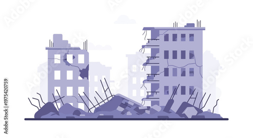 Flat vector illustration of ruined buildings after war destruction. EPS Editable. Vector Illustrations.
