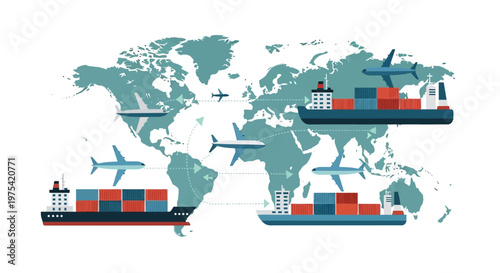 Global Logistics and Freight Transportation Network with Cargo Ships and Airplanes. EPS Editable. Vector Illustrations.
