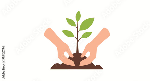 Hands Planting a Small Green Tree Sapling into Soil. EPS Editable. Vector Illustrations.