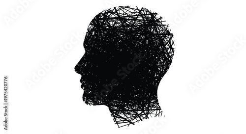 Minimalist vector graphic illustration featuring a human head profile filled with chaotic tangled black lines representing complex psychological thoughts and intense mental health confusion or stress