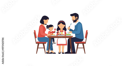 Happy young family eating dinner together at home dining table. EPS Editable. Vector Illustrations.