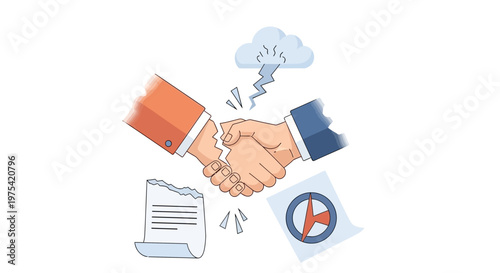 Illustration of a broken business deal handshake with conflict elements. EPS Editable. Vector Illustrations.