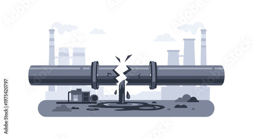Illustration of a broken industrial pipeline leaking fluid. EPS Editable. Vector Illustrations.