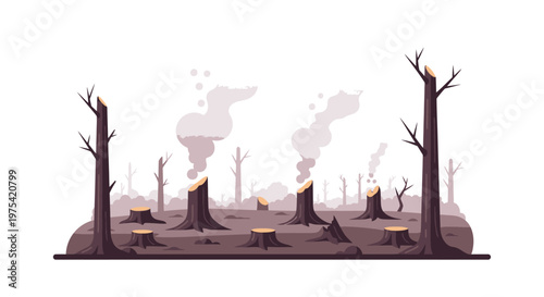 Illustration of a deforested landscape with smoking tree stumps and dead trees. EPS Editable. Vector Illustrations.