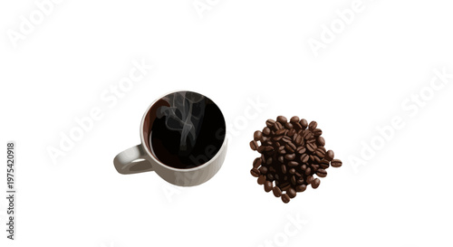 Coffee cup, steaming hot coffee, roasted coffee beans, morning drink