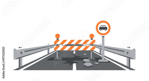 Road construction barrier with traffic sign on damaged asphalt. EPS Editable. Vector Illustrations.