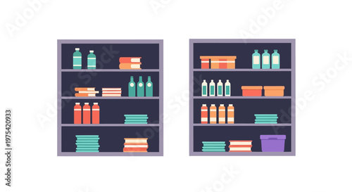 Set of two modern supermarket shelves filled with various groceries and products. EPS Editable. Vector Illustrations.