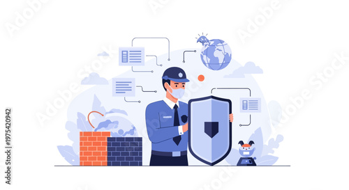 Security guard holding a protective shield with digital network elements. EPS Editable. Vector Illustrations.