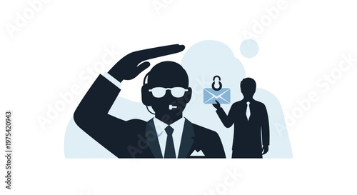 Silhouette of a security agent saluting with a protected email icon. EPS Editable. Vector Illustrations.