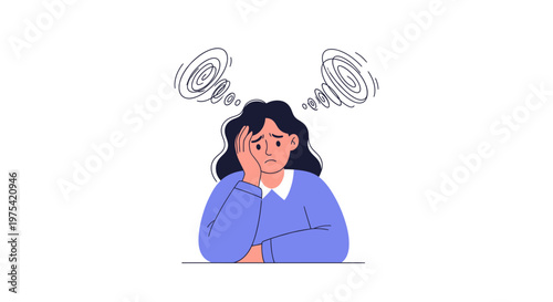 Stressed young woman experiencing headache and mental fatigue. EPS Editable. Vector Illustrations.