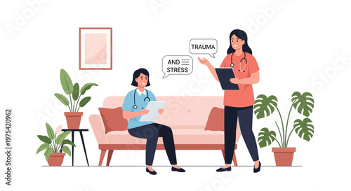 Two healthcare professionals discussing patient mental health and stress in a clinic. EPS Editable. Vector Illustrations.