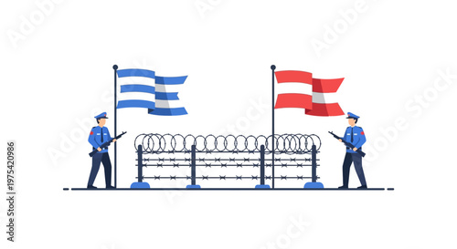Two police officers standing by a barbed wire fence with flags. EPS Editable. Vector Illustrations.