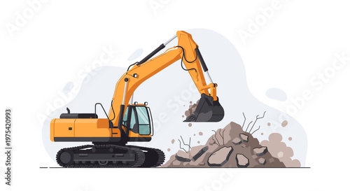 Yellow excavator working on a construction site demolition pile. EPS Editable. Vector Illustrations.