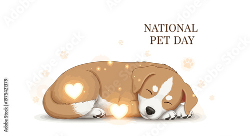 A delightful vector illustration celebrates National Pet Day, featuring a sleeping dog with glowing heart shapes, set against a clean white background conveying pet happiness