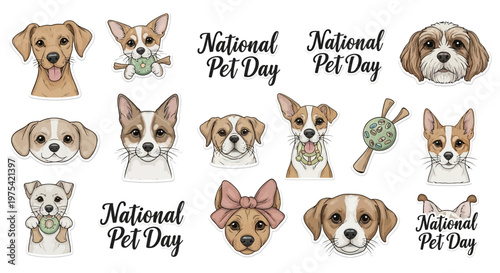 A collection of dog illustrations celebrates National Pet Day with various breeds depicted in a vector format against a white background, showcasing pet care awareness and pet lover