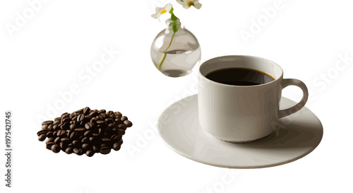 Coffee cup, coffee beans, and flower vase, morning coffee concept, still life, white background