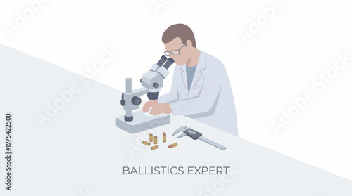 A dedicated forensic ballistics expert conducting scientific analysis with a microscope. EPS Editable. Vector Illustrations.