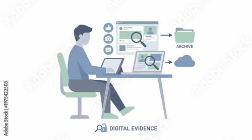 A digital forensics expert analyzing data on a computer. EPS Editable. Vector Illustrations.