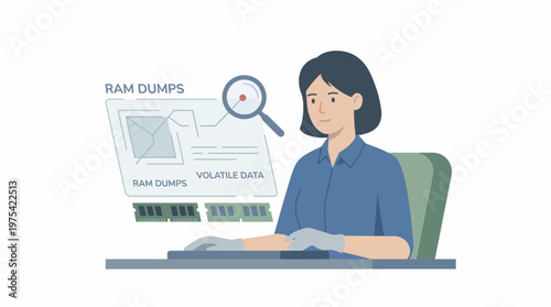 A digital illustration of a female cybersecurity expert analyzing RAM dumps on her computer. EPS Editable. Vector Illustrations.