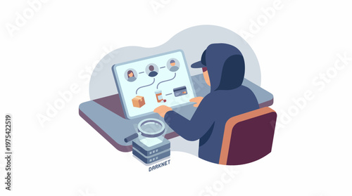 A hooded cyber criminal hacking into a computer system with data network analysis. EPS Editable. Vector Illustrations.