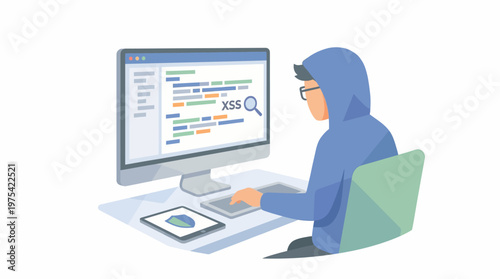 A hooded computer programmer working on cross site scripting vulnerability testing. EPS Editable. Vector Illustrations.