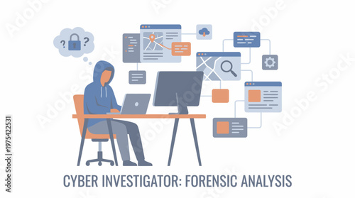 A hooded cyber investigator working on digital forensic analysis at a computer desk. EPS Editable. Vector Illustrations.