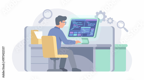 A male programmer working on software development at his computer workstation. EPS Editable. Vector Illustrations.