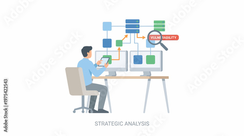 A male software engineer performing strategic data analysis on computer systems. EPS Editable. Vector Illustrations.