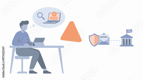 A man using a laptop encountering a cybersecurity threat warning. EPS Editable. Vector Illustrations.