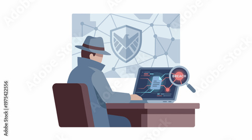 A mysterious detective character sitting at a desk investigating digital data on a computer screen. EPS Editable. Vector Illustrations.