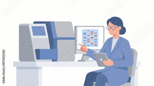 A professional scientist working with advanced DNA sequencing equipment in a laboratory setting. EPS Editable. Vector Illustrations.