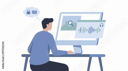 A person sitting at a desk working on a computer. EPS Editable. Vector Illustrations.