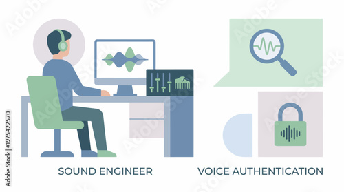 A sound engineer working on voice authentication technology illustration. EPS Editable. Vector Illustrations.