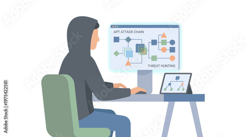A young programmer working on software development at a desk. EPS Editable. Vector Illustrations.